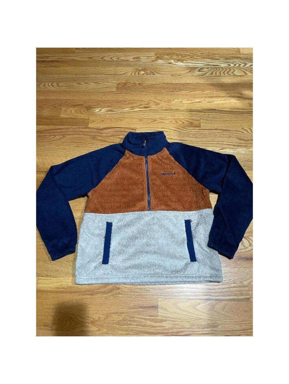 Men’s Marmot Fuzzy 1/2 Zip Pullover Fleece Sweater Blue/ Off White/ Brown Medium